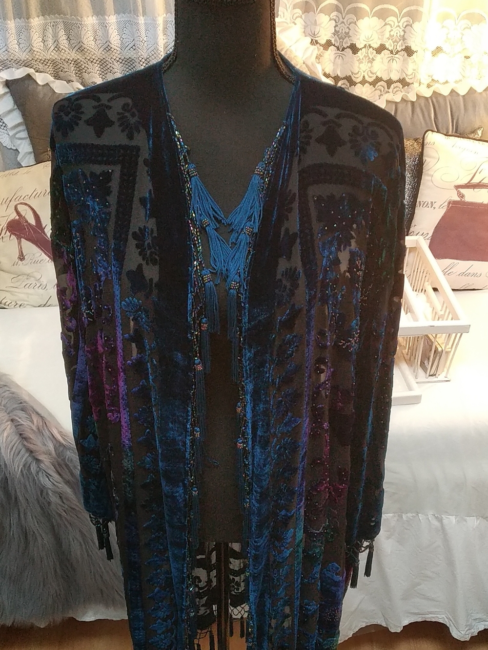Chico's Stunning Velvet Open-Front Beaded Fringe Duster in Blue and Purple